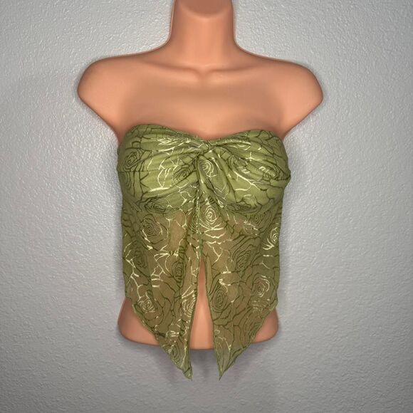 Olive Green floral tube top with tie front detail - Picture 1 of 4